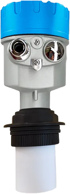 Integrated ultrasonic level sensor with compact housing design for non-contact level measurement in industrial tanks.