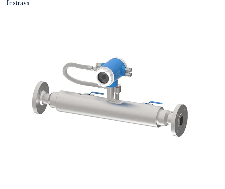 Instrava Coriolis Mass Flow Meter with flanged straight pipe body, stainless steel tube structure, field digital display transmitter unit, industrial liquid and gas inline mass flow measurement transmitter