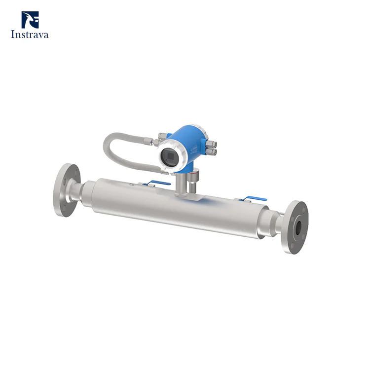 Instrava Coriolis Mass Flow Meter with flanged straight pipe body, stainless steel tube structure, field digital display transmitter unit, industrial liquid and gas inline mass flow measurement transmitter