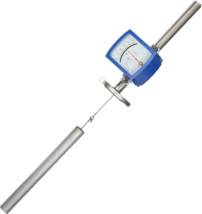 This image shows a displacer type level gauge with a stainless steel displacer and analog dial display, suitable for liquid and interface level monitoring.
