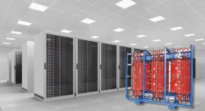 AI data center infrastructure with server racks and an industrial dry-type power transformer used for stable power distribution.
