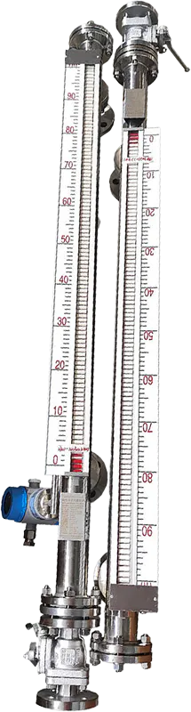 Close-up of a magnetic float level gauge indicator featuring clear centimeter-scale and a corrosion-resistant stainless steel body.