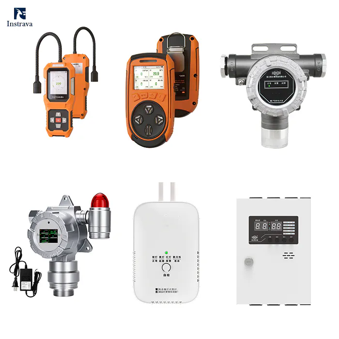 Collection of industrial gas detectors supplied by Instrava, including portable, fixed, wireless, and gas alarm control systems.