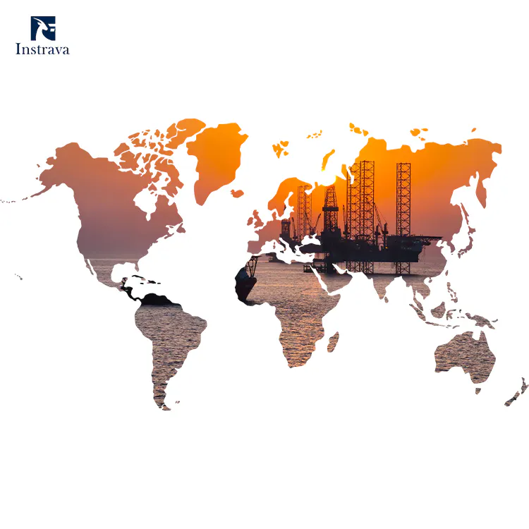World map with offshore drilling platforms representing global oil and gas flow measurement applications.