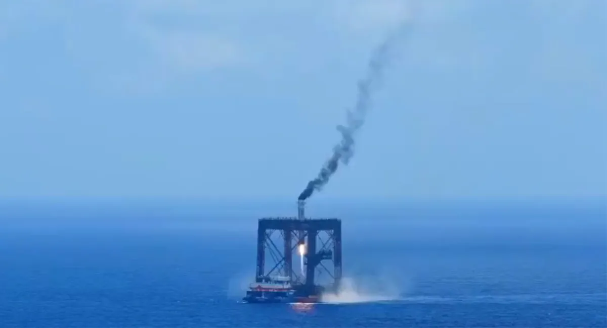 Offshore rocket recovery platform during a successful sea landing operation