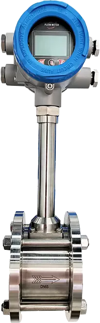Vortex flow meter with digital transmitter for industrial gas and liquid flow measurement.