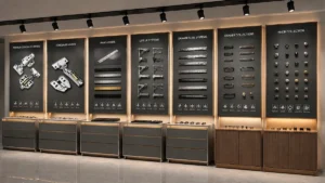 Modern cabinet hardware showroom display featuring concealed hinges, piano hinges, lift-up systems, drawer slides, drawer handles, and cabinet knobs arranged on illuminated wall panels.