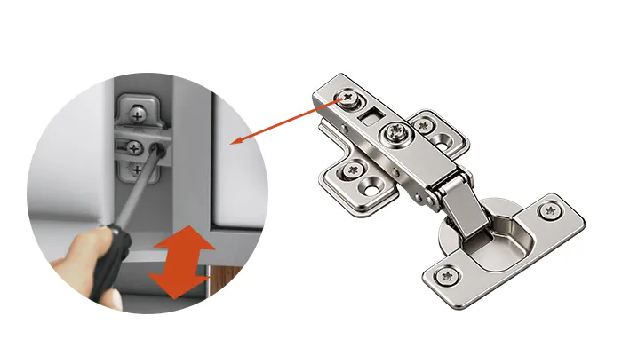 Cabinet hinge front and back adjustment with screwdriver