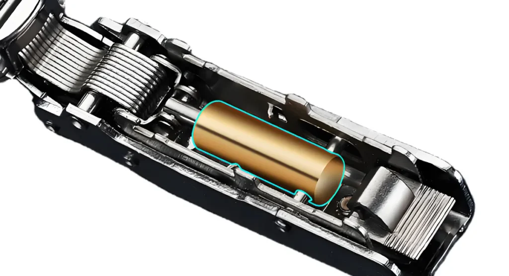 Hydraulic damping system inside soft close cabinet hinge mechanism