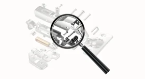 Magnifying glass inspecting the internal mechanism of a concealed cabinet hinge