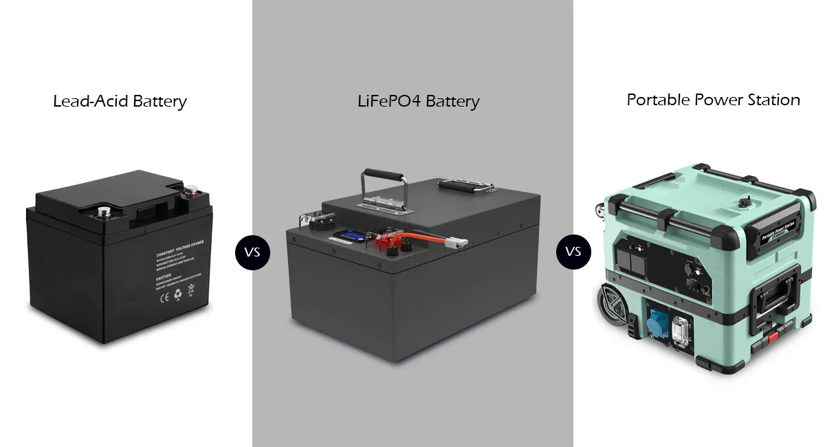 RV energy storage comparison showing lead-acid battery, LiFePO4 battery, and portable power station