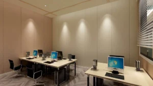 Modern office interior with decorative wall panels and computer workstations