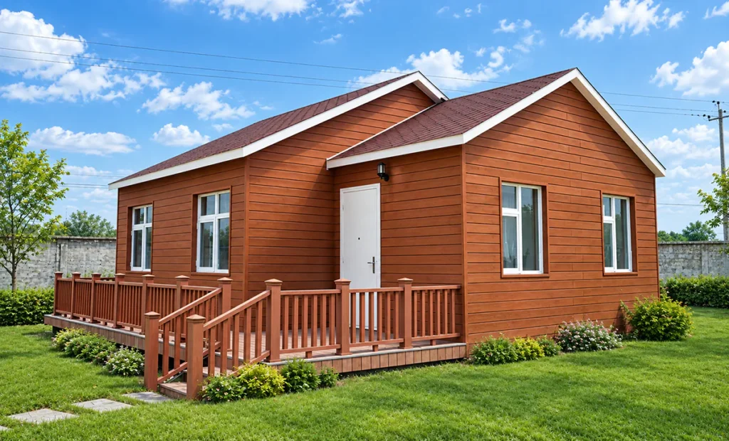 Outdoor wooden wall panels on a modern prefabricated house