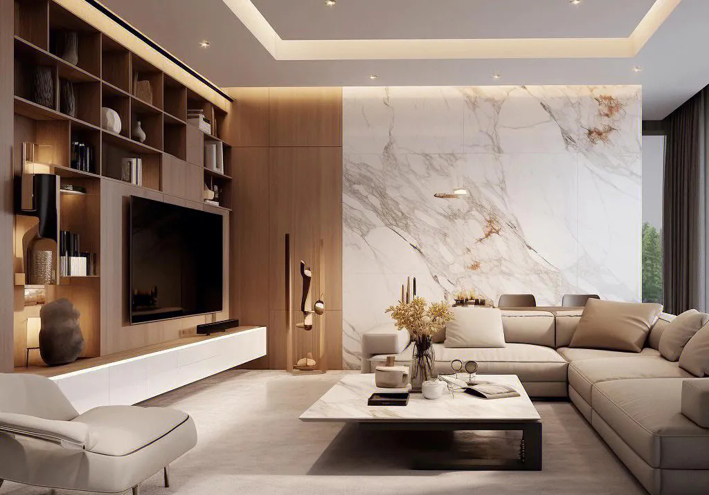 WPC wall panels with marble-effect finishes in a modern luxury living room