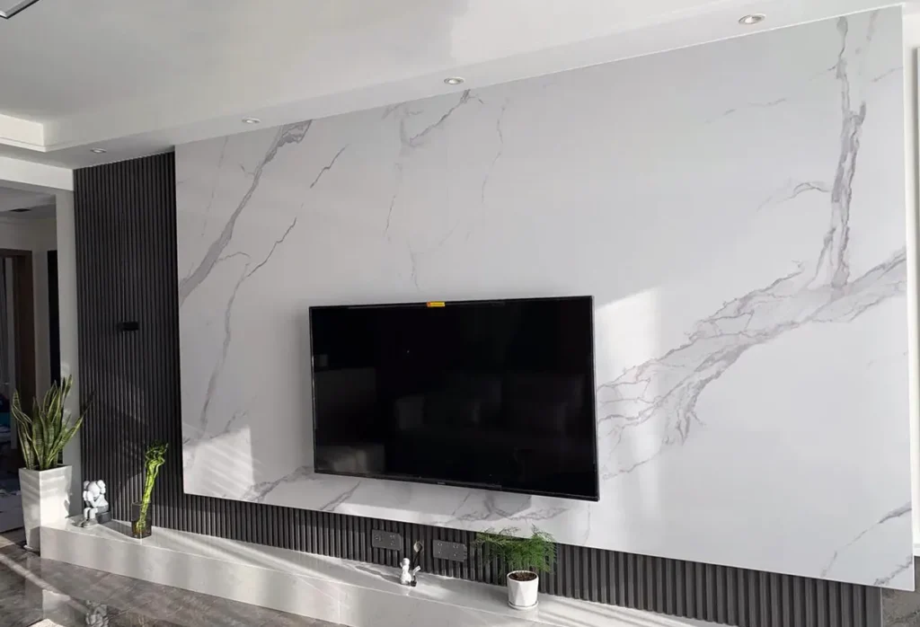 White PVC UV marble wall sheets for modern living room TV feature walls