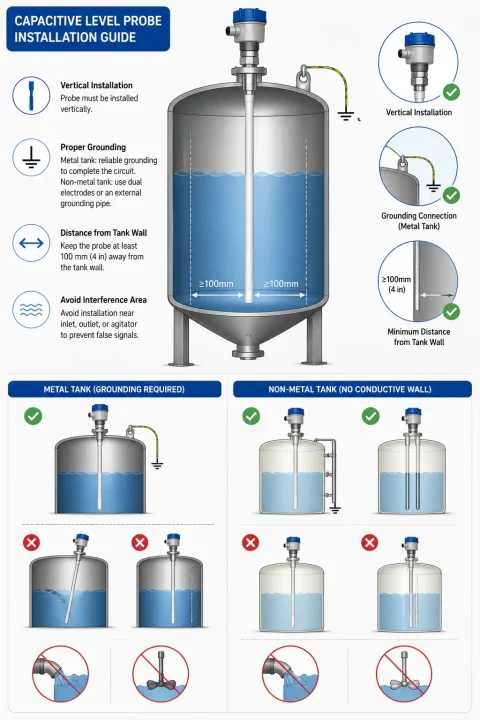 Capacitive level probe installation guide showing the correct installation method for metal and non-metal tanks, including vertical mounting, grounding requirements, minimum wall clearance, and common installation mistakes.