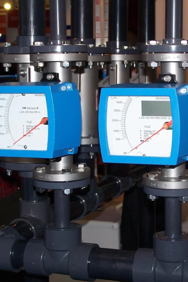 Installed displacer float level gauge in an industrial piping system, showing a displacer level measurement instrument for process applications.