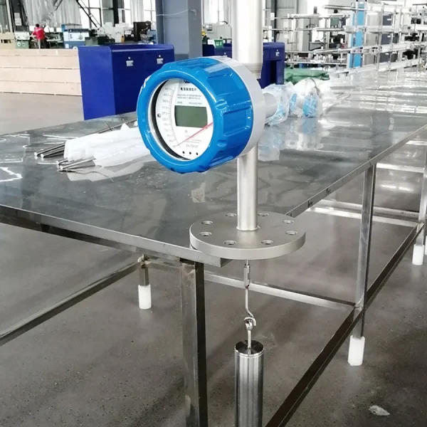 This image shows a displacer type level gauge with a digital display and stainless steel displacer, commonly used for measuring liquid and interface levels.